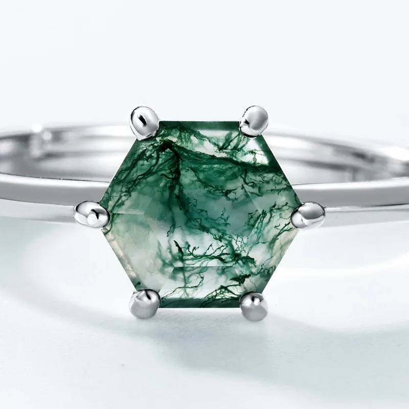 JewelyKing S925 Sterling Silver Ins Style French Vintage Colored Green Moss Agate Inlay Open Adjustable Ring JKRS0175