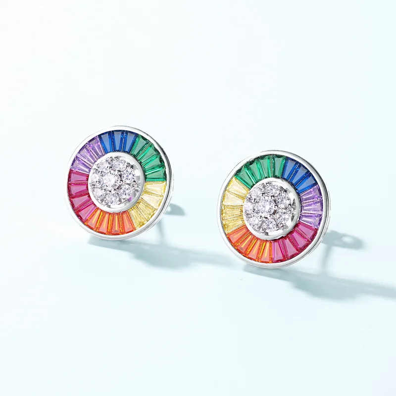 Luxury Rainbow Colorful Cubic Zircon Earrings White Gold Plated Silver Micro Pave Round Stud Earrings for Women Fashion Jewelry