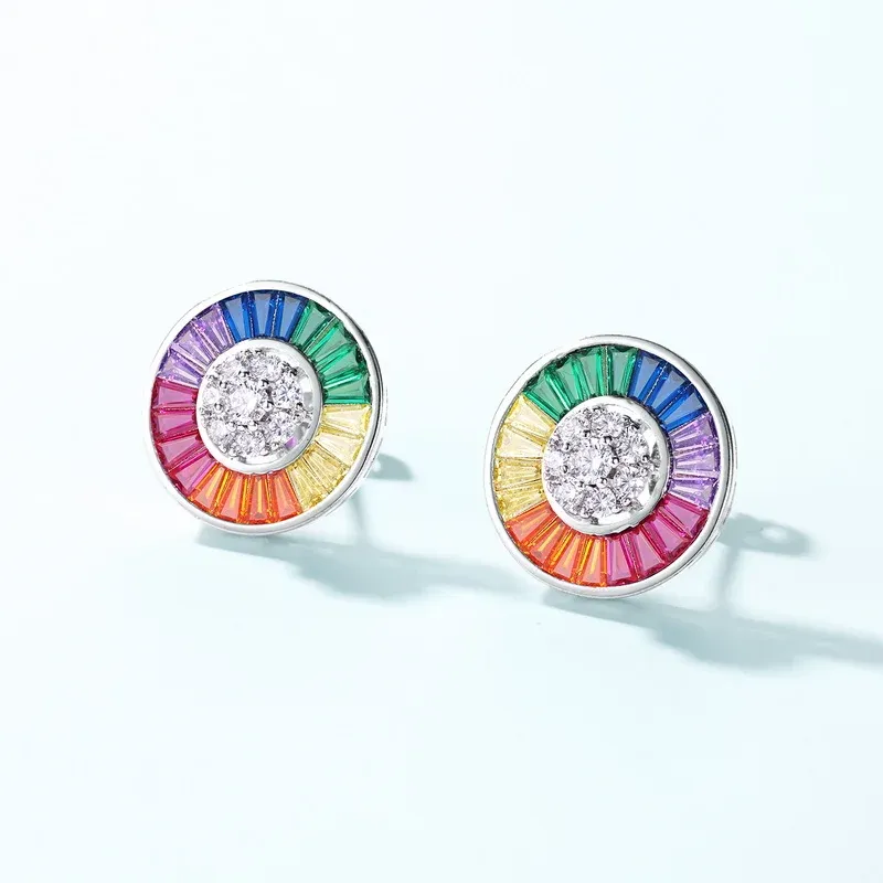 Luxury Rainbow Colorful Cubic Zircon Earrings White Gold Plated Silver Micro Pave Round Stud Earrings for Women Fashion Jewelry