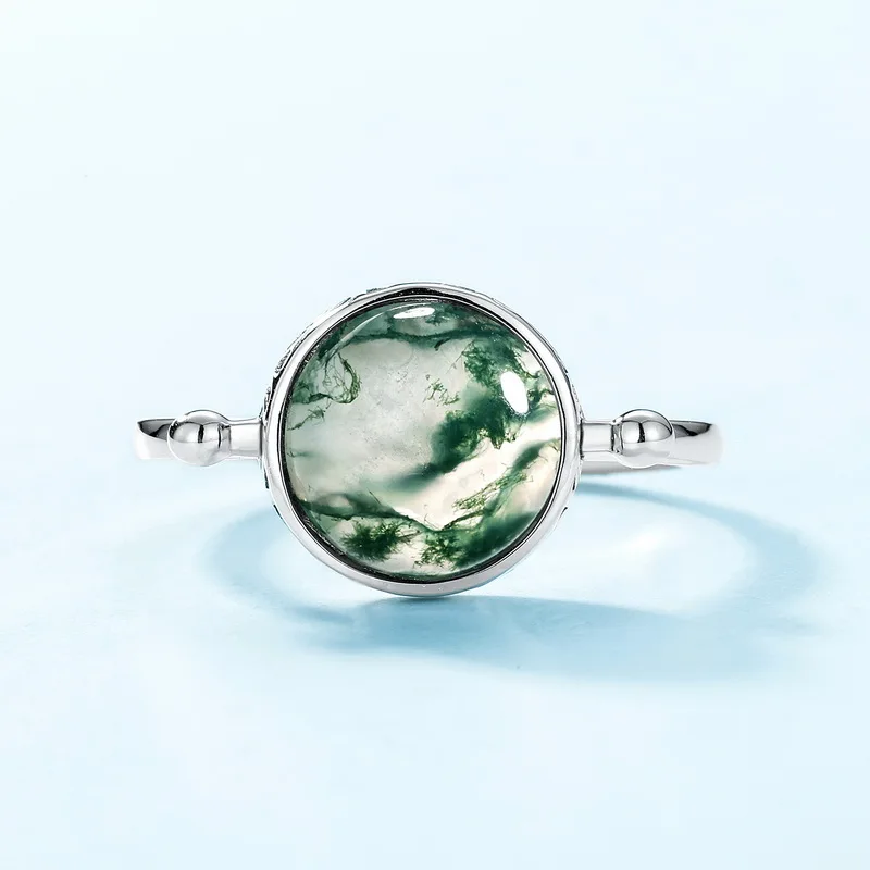 JewelyKing S925 Sterling Silver Moss Agate Stone Ring JKRS0183