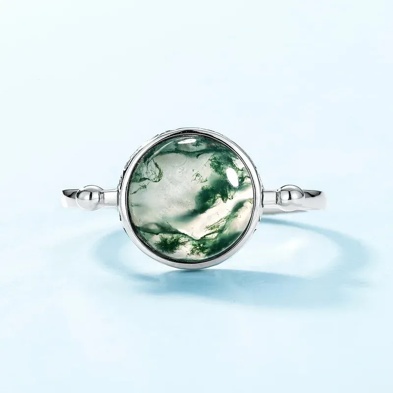 JewelyKing S925 Sterling Silver Moss Agate Stone Ring JKRS0183