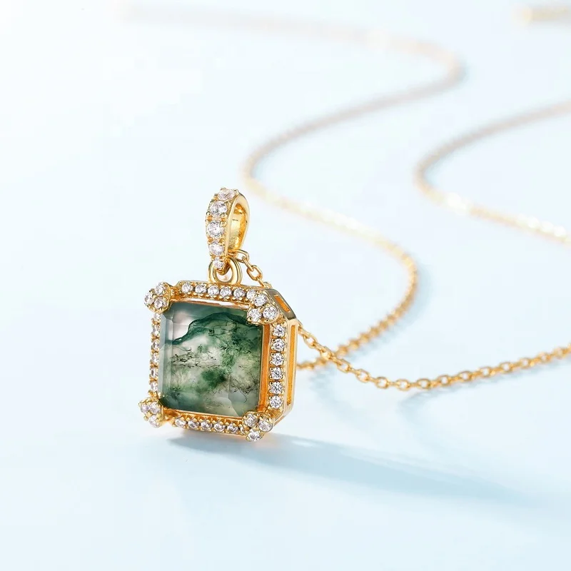 Jewelyking S925 Sterling Silver Cubic Zirconia Gemstone Jewelry Delicate Square Real Moss Agate Pendant Necklace JKNS0082