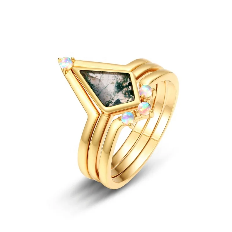 JewelyKing Kite Shape Moss Agate Sterling Silver Ring Simple Gemstone Opal Stackable Ring Green Moss Agate Vintage Ring JKRS0172