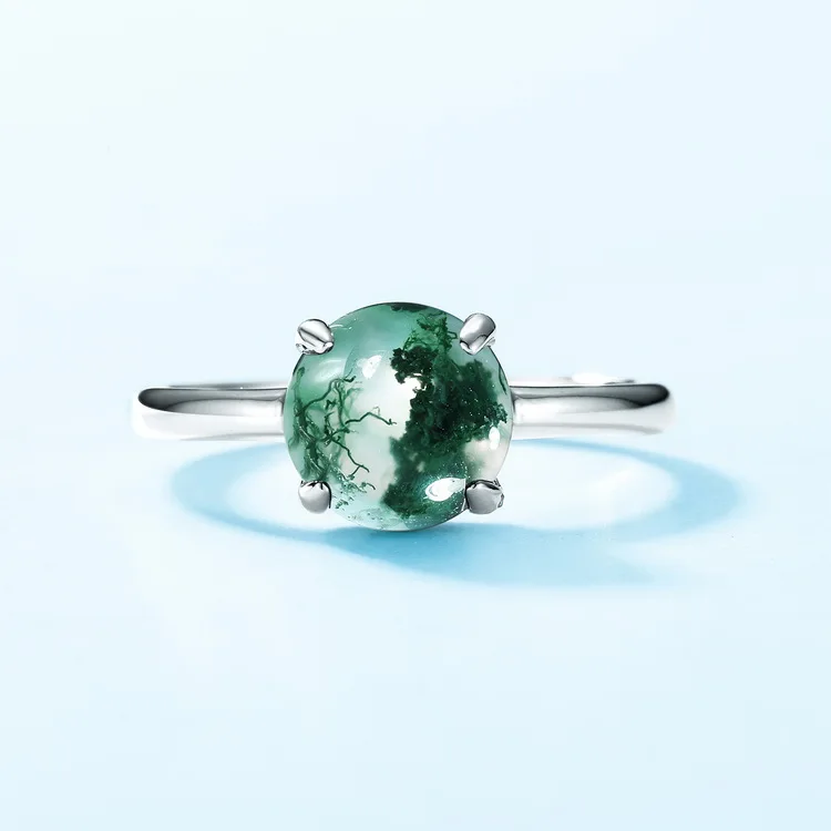 JewelyKing S925 Sterling Silver Oval Natural Green Round Shape Moss Agate Gemstone Ring JKRS0141
