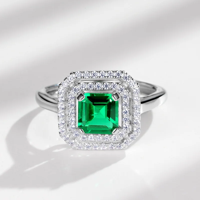 Minimalist 925 Sterling Silver Cubic Zirconia Adjustable Ring Square Emerald Cut Created Green Emeralds Open Ring Jewelry