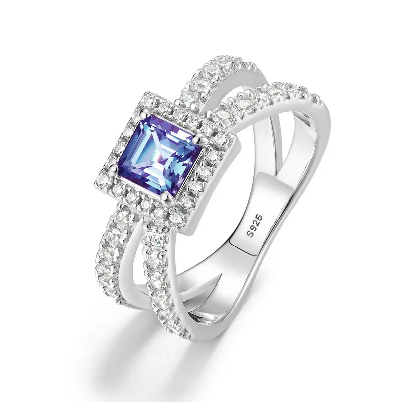 JewelyKing S925 Sterling Silver Cushion Cut Gemstone Lab Grown Alexandrite Ring JKRS0004