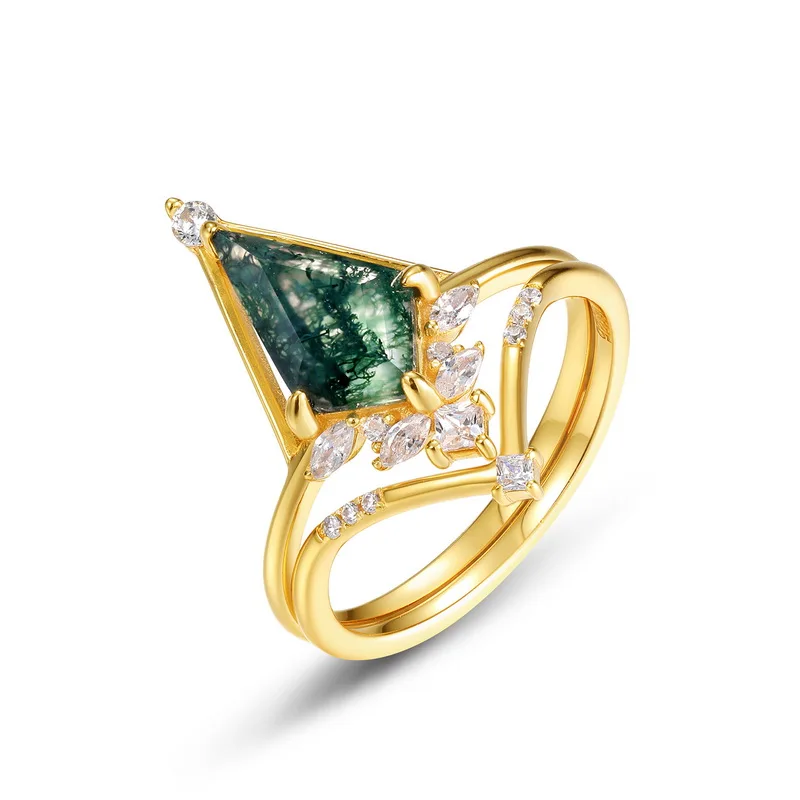 JewelyKing S925 Sterling Silver Plating 18K Yellow Gold Green Moss Natural Seaweed Agate Ring JKRS0132