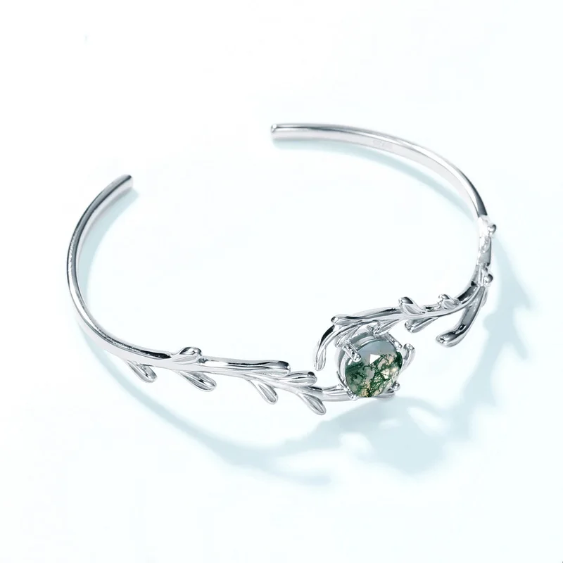 Jewelyking S925 Sterling Silver Fine Jewelry Unique Style Green Natural Moss Agate Gemstone Bracelet JKBS0037