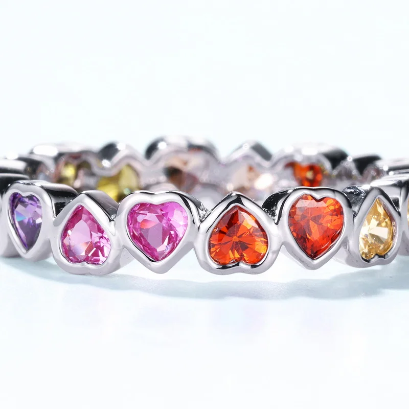 925 Sterling Silver Rainbow Zircon Heart Ring Arrow Design Colorful Gemstone Jewelry for Women Valentine Gift Wholesale
