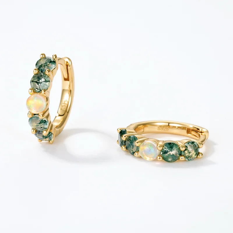 JewelyKing S925 Silver 14K Gold Plated Green Moss Agate Opal Accent Huggie Hoop Earrings JKES0010
