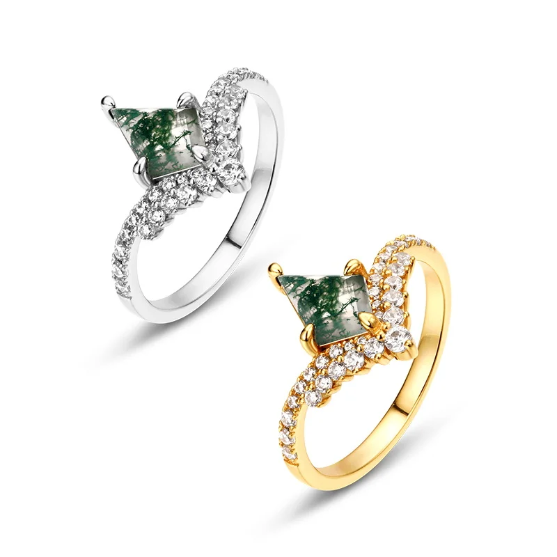 JewelyKing Unique Rose Gold Plated Kite Moss Agate Stone  Vintage Moss Quartz Cz Stack Ring JKRS0235