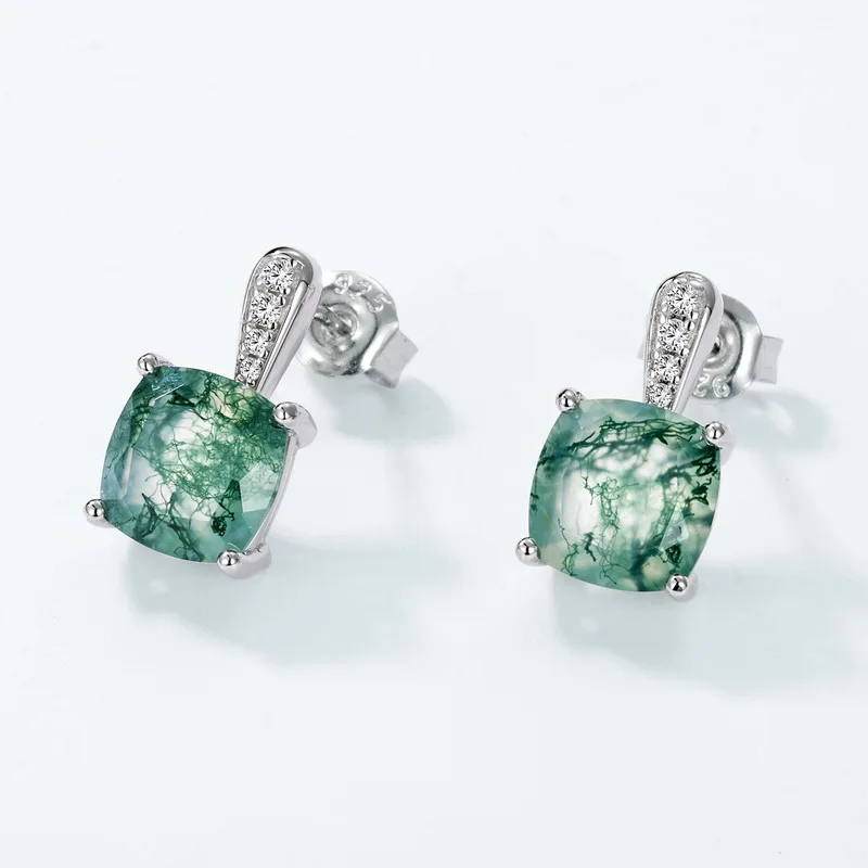 JewelyKing S925 Sterling Silver Green Moss Agate Dangle Earrings JKES0008