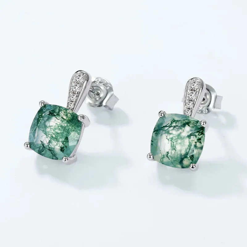 JewelyKing S925 Sterling Silver Green Moss Agate Dangle Earrings JKES0008