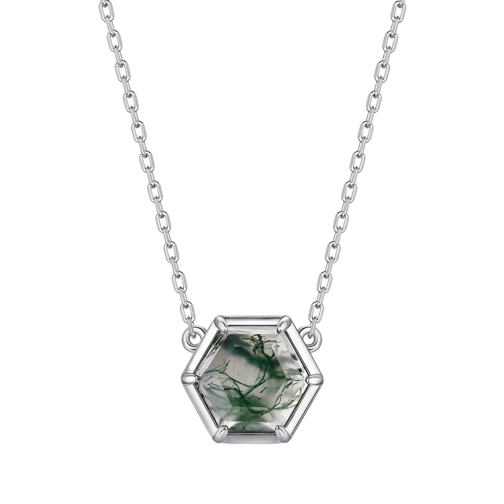 JewelyKing Natural Moss Agate Trendy Fashion Regular Hexagon Gemstone Pendant Necklace