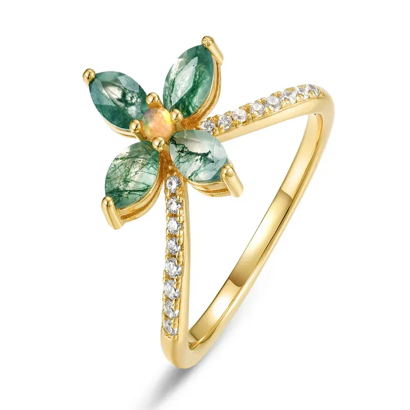 JewelyKing S925 Sterling Silver Green Moss Agate 14K Gold Plated Opal CZ Accent Floral Design Statement Ring JKRS0013