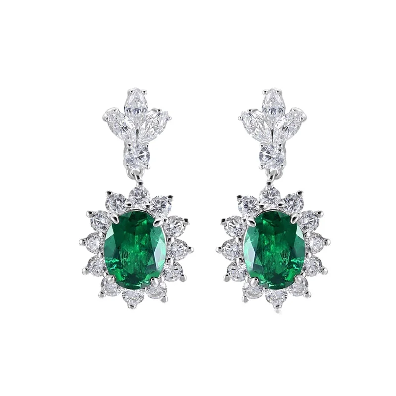 Fashionable Oval Shape Synthetic Diamond Emerald Dangle Earrings Cultivated Diamonds Women's Drop Earrings