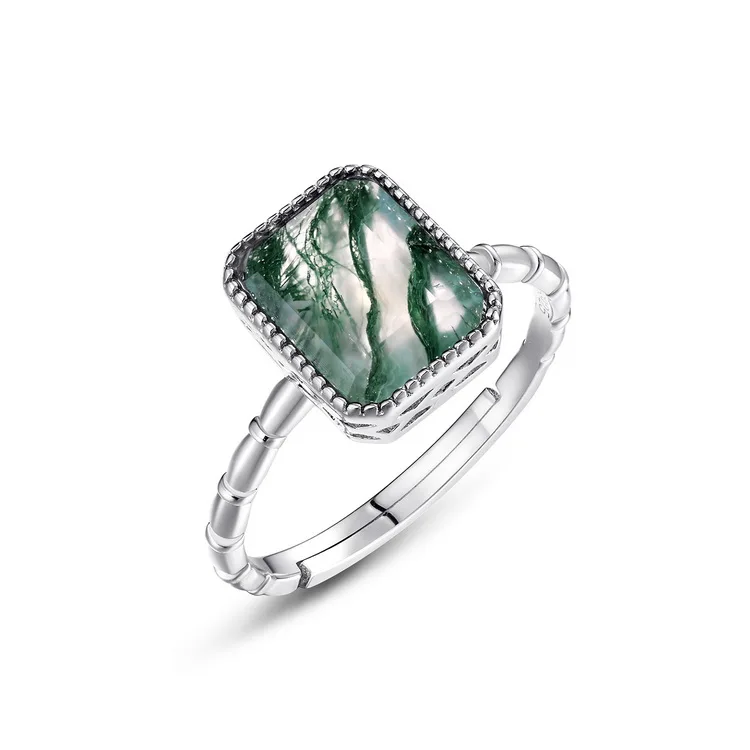 JewelyKing S925 Silver Moss Agate Rectangle Cut Natural Gemstone Adjustable Wedding Ring JKRS0178