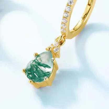 Jewelyking S925 Sterling Silver Classic Hoop Moss Agate Stones Sterling Silver Gold Plated Huggie Earrings JKES0076