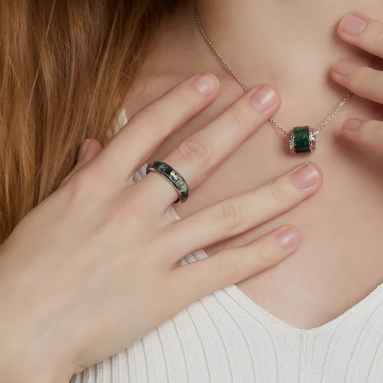 JewelyKing S925 Sterling Silver Green Moss Agate Ring Crystal Jadeite Rings  JKRS0241