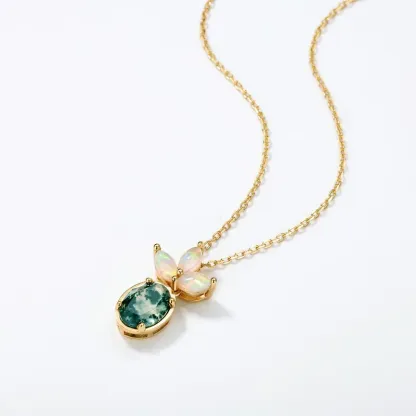 JewelyKing S925 Sterling Silver Green Moss Agate 14K Gold Plated Opal Accent Oval Cut Dainty Chain Necklace JKNS0030
