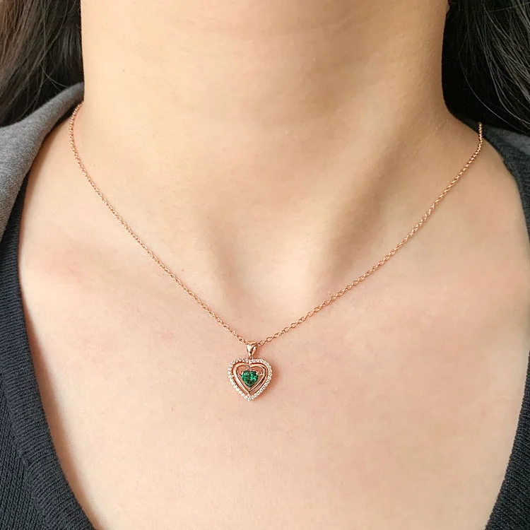 Dainty Gemstone Jewelry Sterling Silver CZ Iced Out Pendant Romantic Heart Shape Created Emerald Necklace Anniversary Gift