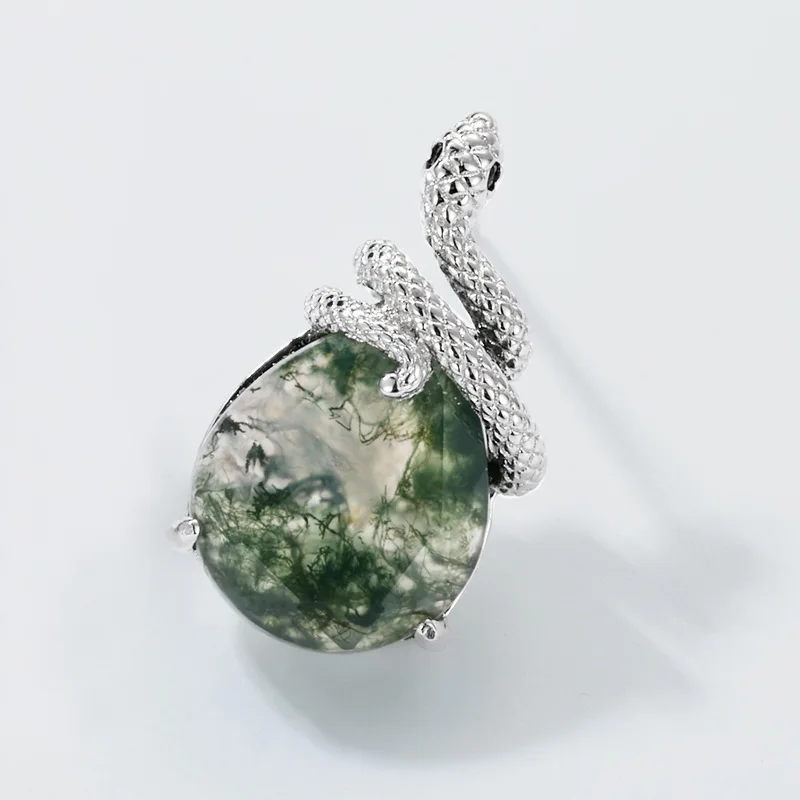 Jewelyking S925 Sterling Silver Plated Snake Moss Agate Elegant Anniversary Engagement Stud Earrings JKES0098