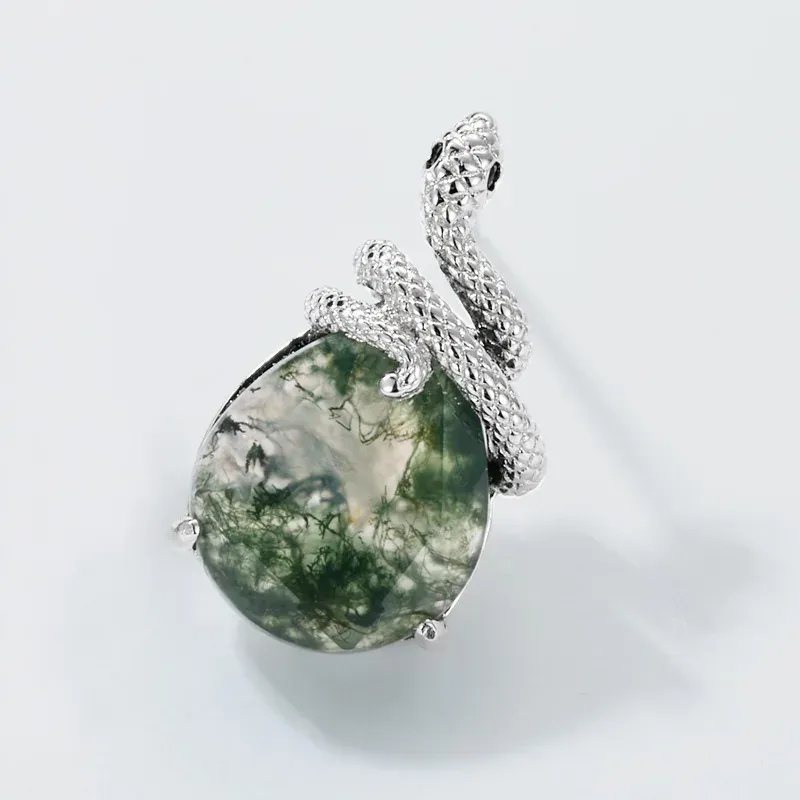 Jewelyking S925 Sterling Silver Plated Snake Moss Agate Elegant Anniversary Engagement Stud Earrings JKES0098
