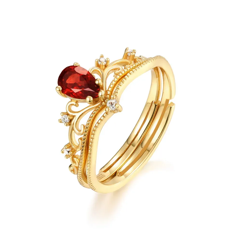 JewelyKing S925 Silver Delicate Crown  Mozambique Red Garnet Women Engagement Ring JKRS0281