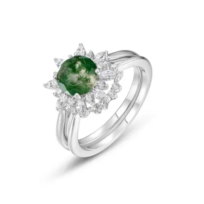 JewelyKing S925 Sterling Silver Natural Moss Agate Oval Shape Gemstone Ring JKRS0166