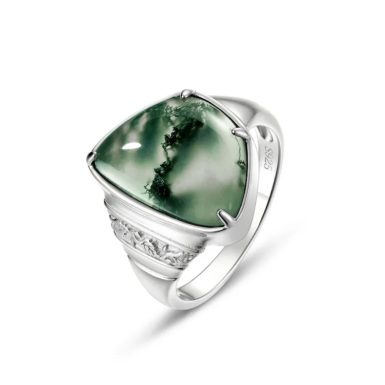 JewelyKing S925 Sterling Silver Geometric Shape Green Moss Agate Ring Vintage JKRS0223