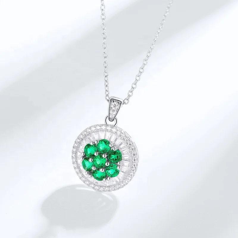 925 Sterling Silver Green Gemstone With 3A Zircon Flower Pendant Bling Shiny Lab Made Emerald Pendant Necklace