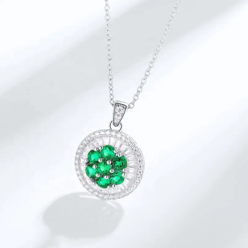 925 Sterling Silver Green Gemstone With 3A Zircon Flower Pendant Bling Shiny Lab Made Emerald Pendant Necklace