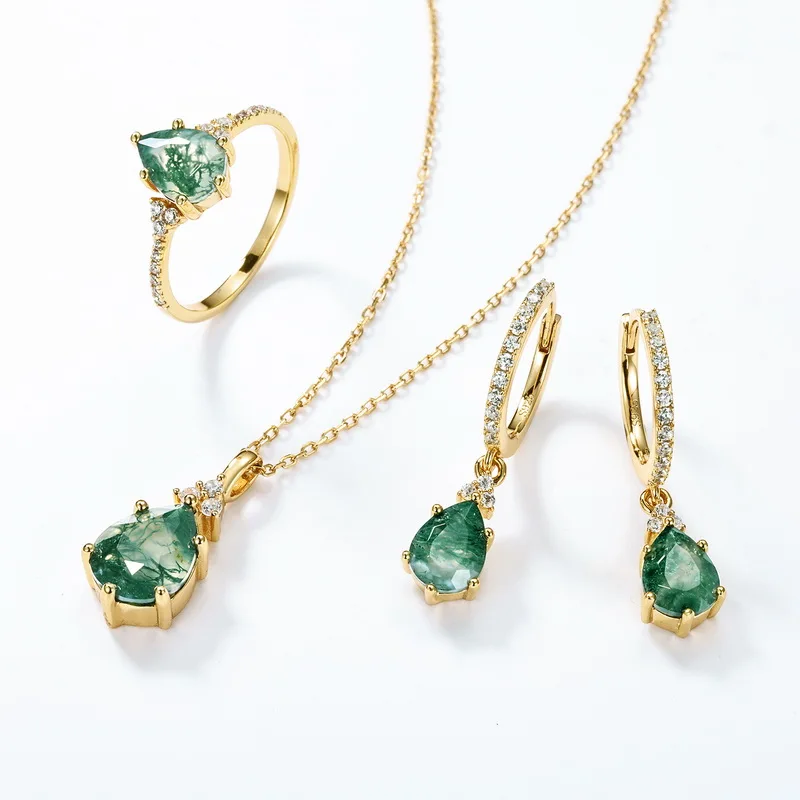Jewelyking S925 Silver Kite Natural Moss Agate 18K Gold Plated Halo CZ Pendant Necklace JKNS0105