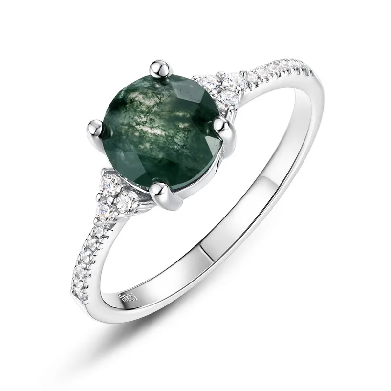 JewelyKing S925 Sterling Silver Moss Agate  Personality Advanced Engagement Ring JKRS0181