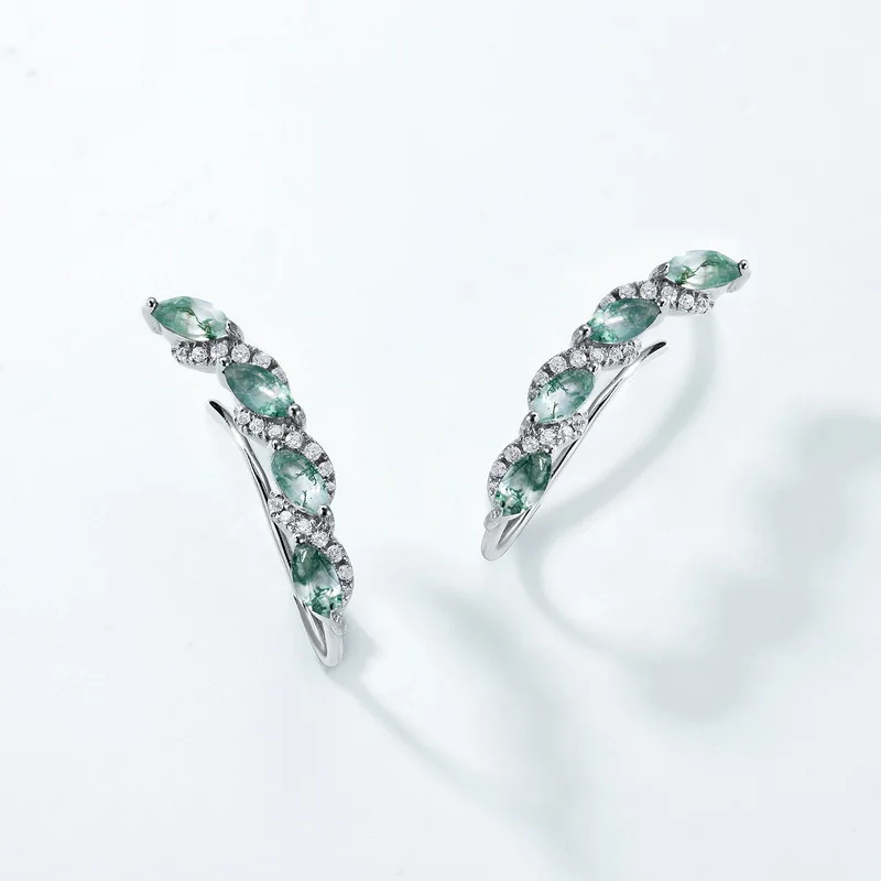 Jewelyking S925 Sterling Silver Zircon Classic  Natural Green Agate Moss Earrings JKES0090