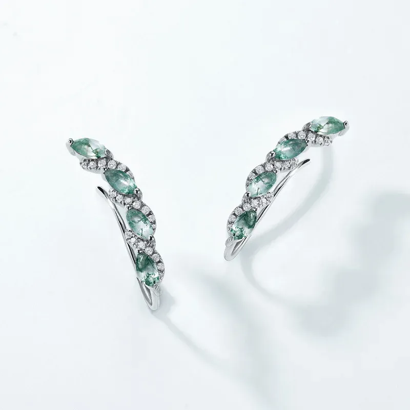 Jewelyking S925 Sterling Silver Zircon Classic  Natural Green Agate Moss Earrings JKES0090
