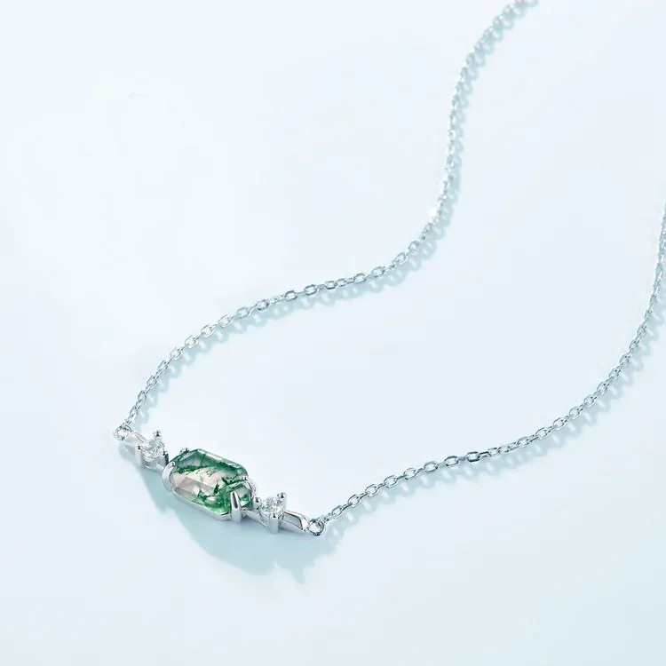 Jewelyking  S925 Sterling Silver Natural Stone Agate Bullet Sugar Green Hexagon Moss Agate Crystal Pendant Necklace JKNS0084