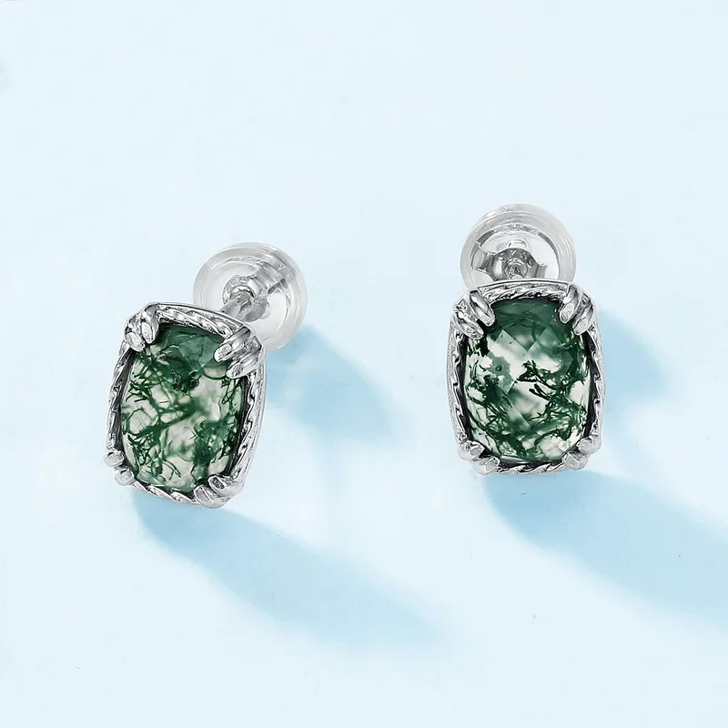 Jewelyking S925 Silver Sterling  Green Moss Agate Round Natural Earrings JKES0093