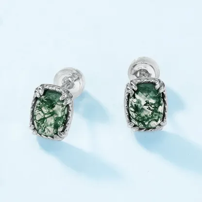 Jewelyking S925 Silver Sterling  Green Moss Agate Round Natural Earrings JKES0093