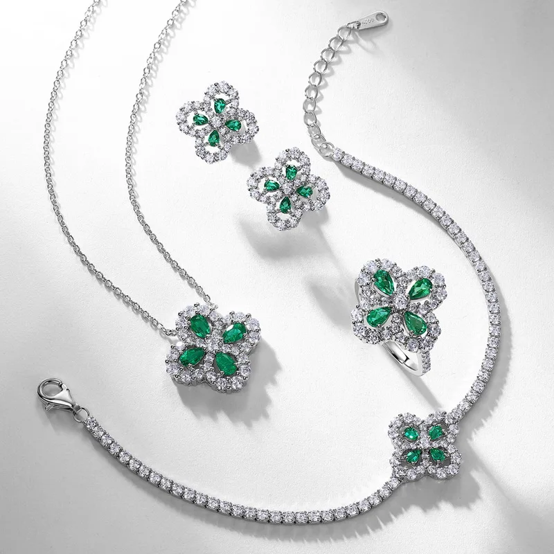 Fine Jewelry Pear Cut Lab Grown Emerald Flower Shaped 925 Sterling Silver Bracelets for Women Anniversary Gifts