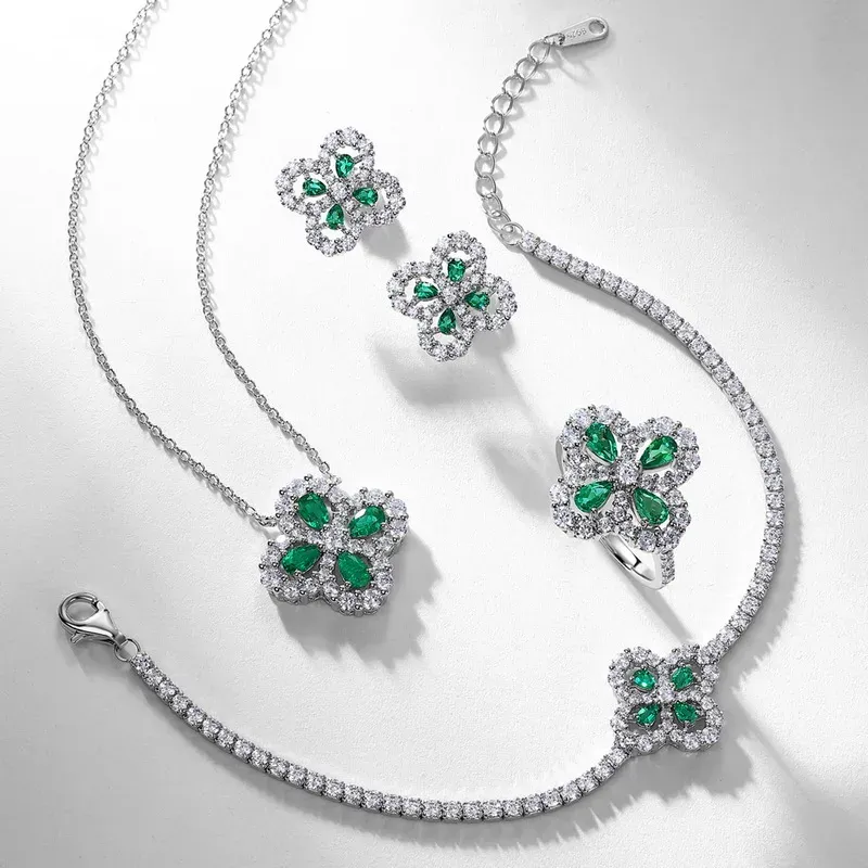 Fine Jewelry Pear Cut Lab Grown Emerald Flower Shaped 925 Sterling Silver Bracelets for Women Anniversary Gifts