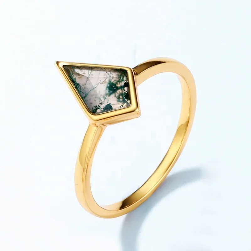 Minimalist Silver Simple Rhombus Shape Moss Agate Gemstone Ring JKRS0238