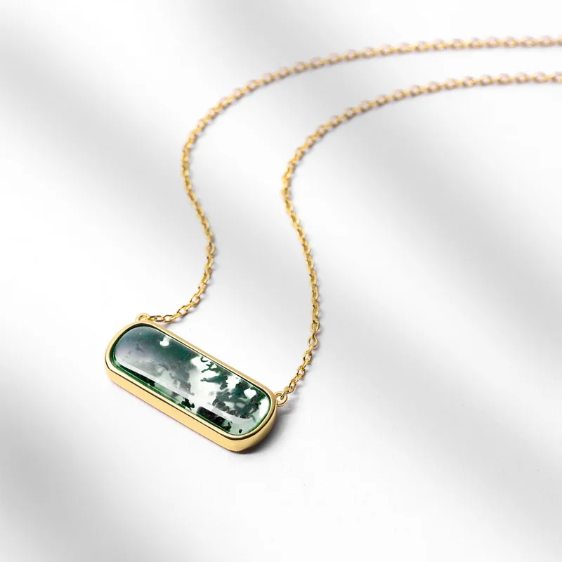 Jewelyking S925 Sterling Silver 18K Gold Plated Green Moss Agate Bar Pendant Necklace JKNS0101