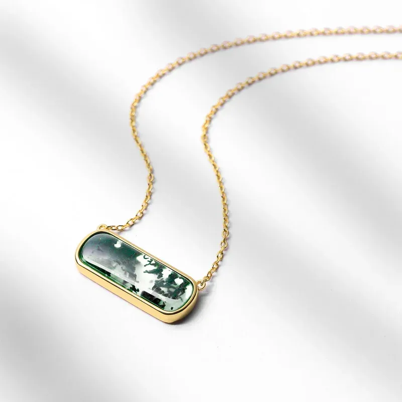 Jewelyking S925 Sterling Silver 18K Gold Plated Green Moss Agate Bar Pendant Necklace JKNS0101