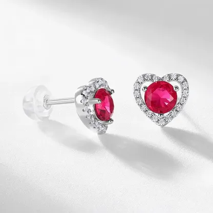 JewelyKing S925 Sterling Silver D Color VVS1 Moissanite Heart Halo Stud  Lab Grown Ruby Earrings JKES0015