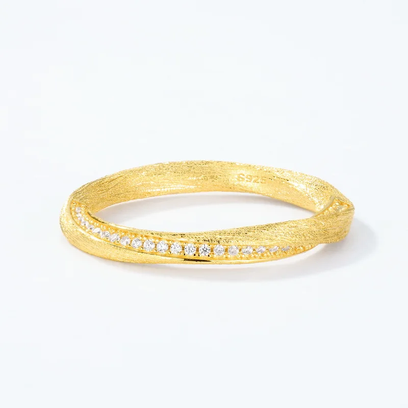 Jewelyking S925 Sterling Silver 14K Gold Plated Sandblasted Zircon Inlay Half Eternity Stackable Band JKRS0118
