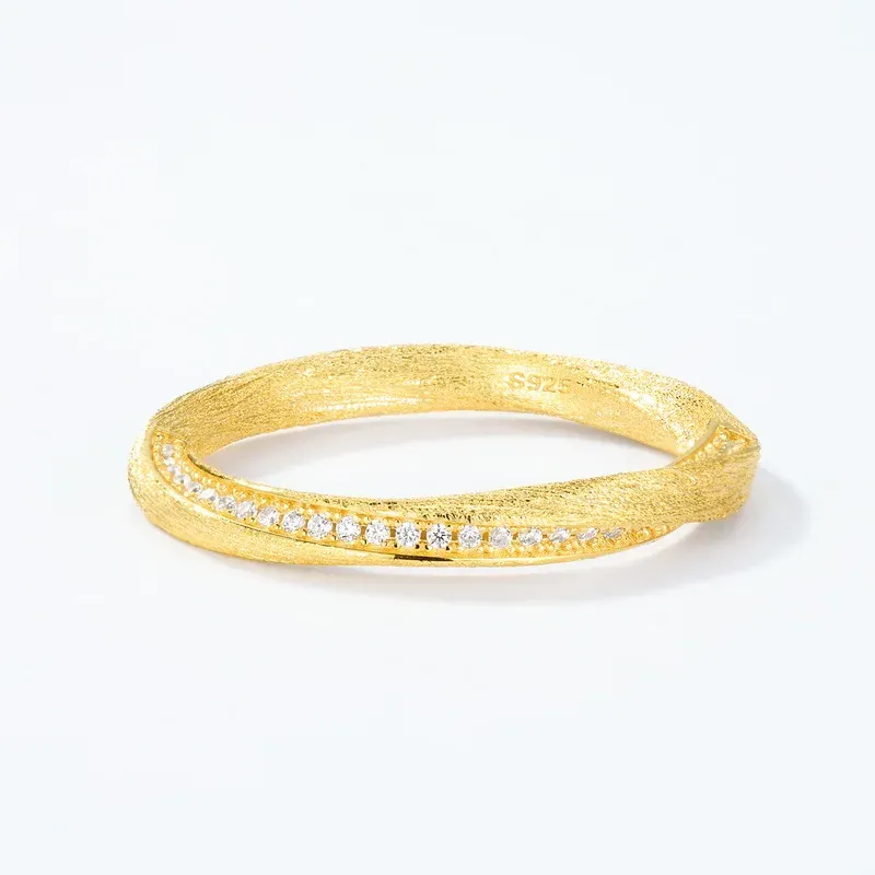 Jewelyking S925 Sterling Silver 14K Gold Plated Sandblasted Zircon Inlay Half Eternity Stackable Band JKRS0118