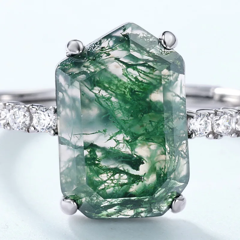 JewelyKing S925 Sterling Silver Green Moss Natural Agate Stone Elegant Handmade Gemstone Ring JKRS0177