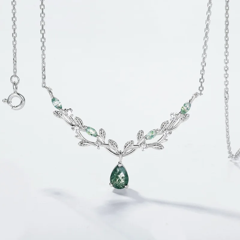 JewelyKing Moss Agate S925 Sterling Silver Necklace Pendant Teardrop Vine Branch JKNS0015