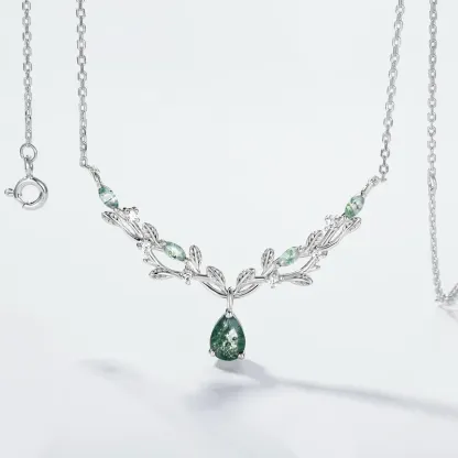 JewelyKing Moss Agate S925 Sterling Silver Necklace Pendant Teardrop Vine Branch JKNS0015
